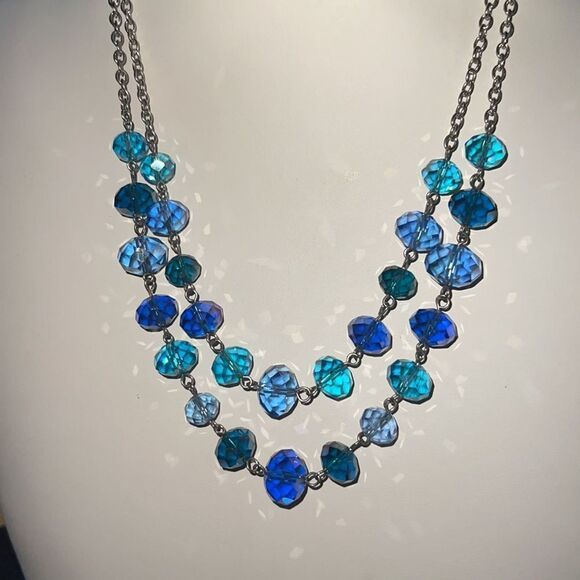 Cobalt & Sky Blue Crystals Double Strand Layer Beaded Women’s Necklace - Picture 3 of 9